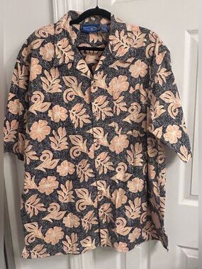 OP Peach Floral Button-Down Camp Shirt on Charcoal